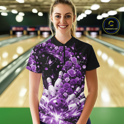 Custom Beautiful Purple Roses And Butterfly Women Bowling League Team Shirt IPHW10890