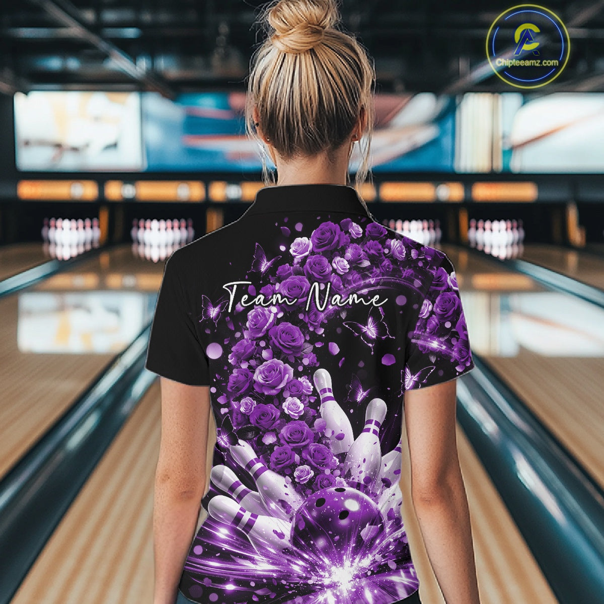 Custom Beautiful Purple Roses And Butterfly Women Bowling League Team Shirt IPHW10890