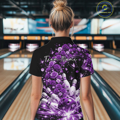 Custom Beautiful Purple Roses And Butterfly Women Bowling League Team Shirt IPHW10890