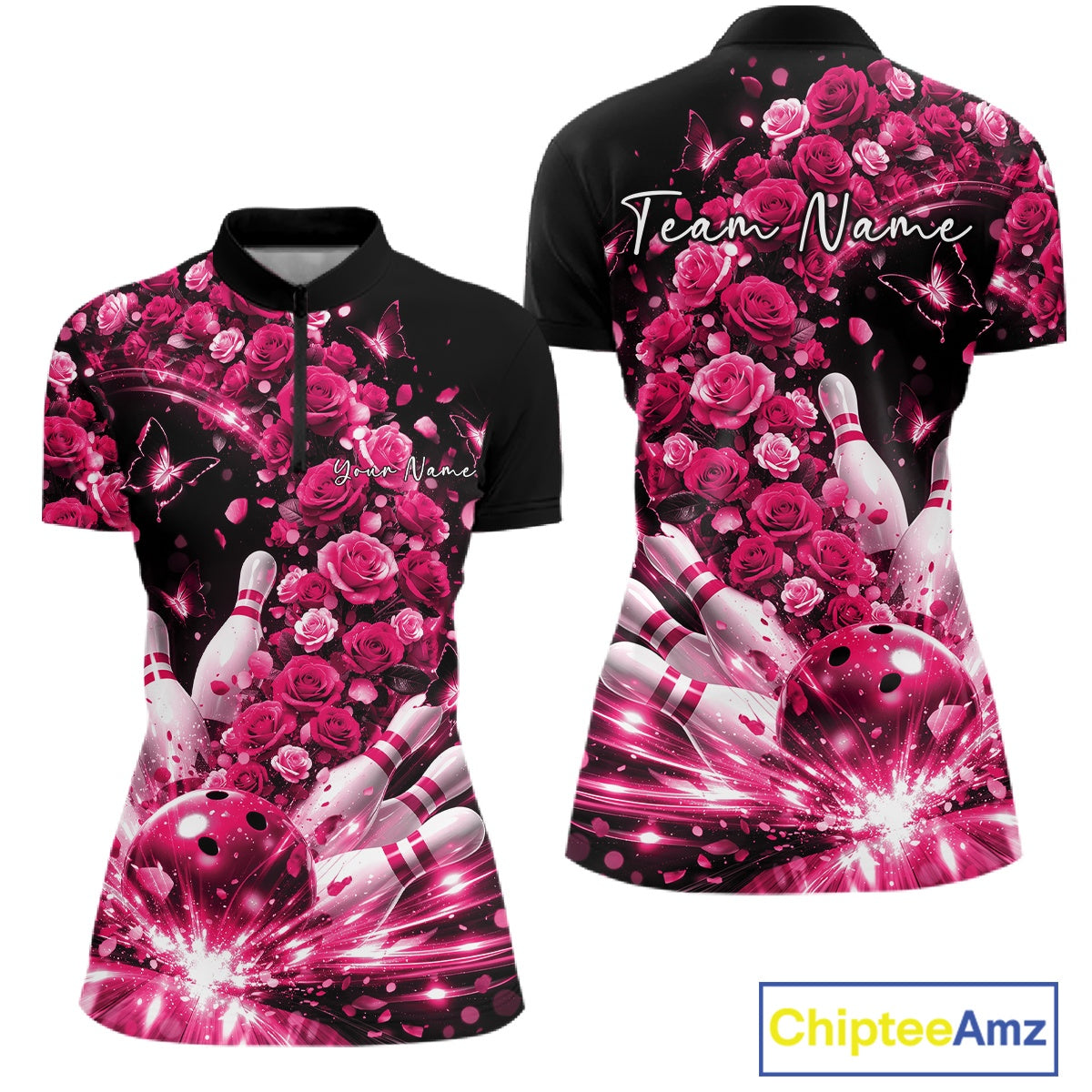 Custom Beautiful Pink Roses And Butterfly Women Bowling Team Shirt, Bowling League Shirt IPHW10891