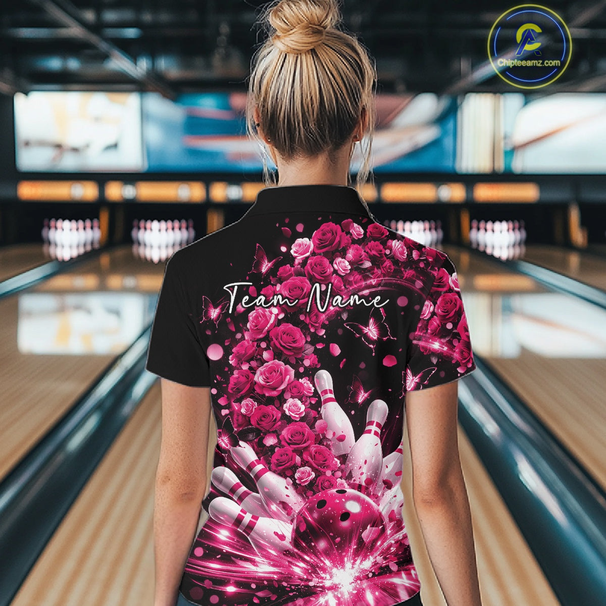Custom Beautiful Pink Roses And Butterfly Women Bowling Team Shirt, Bowling League Shirt IPHW10891