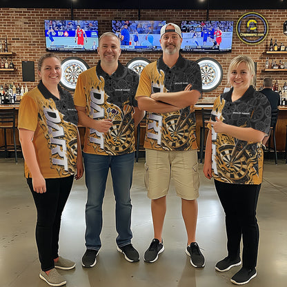 Custom Black And Yellow Flame Dartboard Dart Jerseys, Dartboard Pattern Darts Tournament Team Shirts IPHW10416