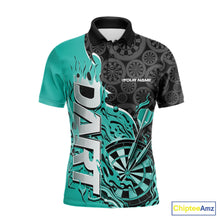 Load image into Gallery viewer, Custom Black And Turquoise Blue Flame Dartboard Dart Jerseys, Dartboard Pattern Darts Tournament Team Shirts IPHW10418