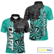 Load image into Gallery viewer, Custom Black And Turquoise Blue Flame Dartboard Dart Jerseys, Dartboard Pattern Darts Tournament Team Shirts IPHW10418