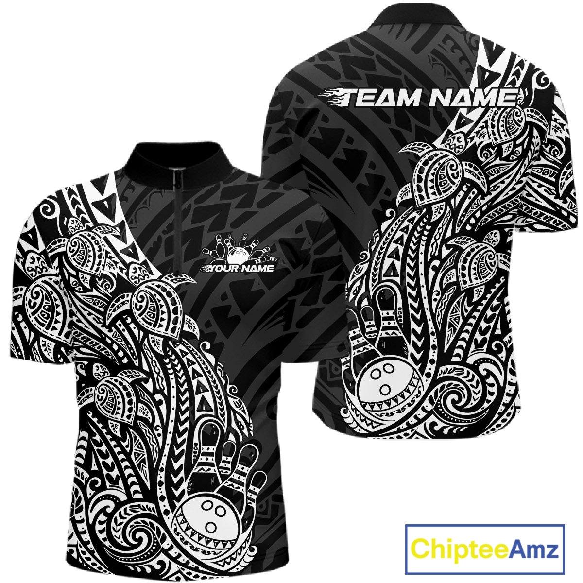 Front and back views of a black and white mens bowling quarter-zip shirt featuring bowling ball and pin graphics with tribal Polynesian patterns.