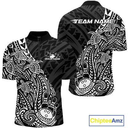 Front and back views of a black and white mens bowling quarter-zip shirt featuring bowling ball and pin graphics with tribal Polynesian patterns.