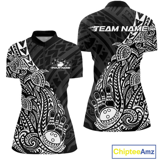 Front and back views of a black and white womens bowling quarter-zip shirt showcasing bowling pins, a bowling ball, and Polynesian turtle patterns.