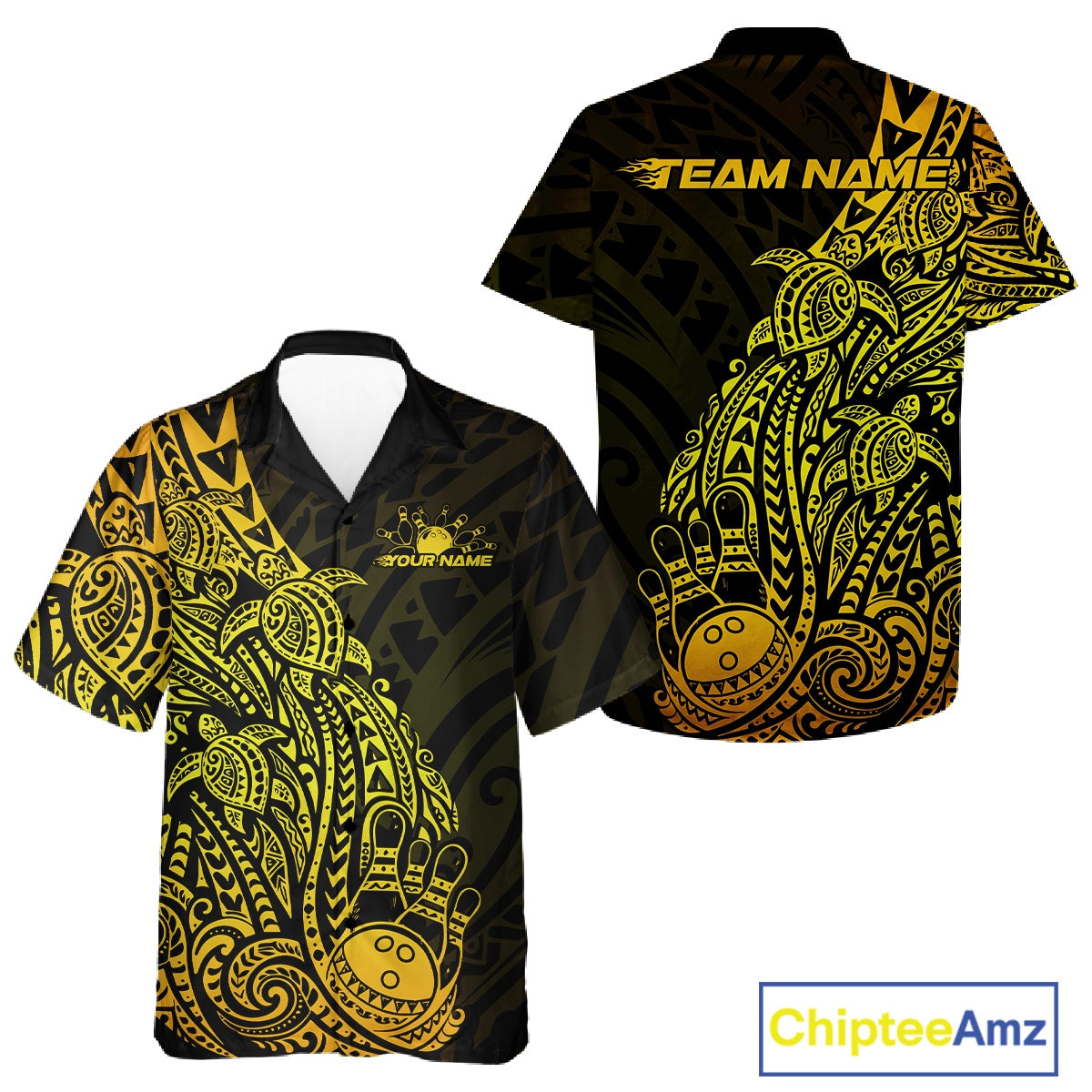 Front and back views of a black and gold button-up bowling shirt featuring bowling ball and pin artwork surrounded by tribal swirls and turtle Polynesian patterns.