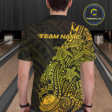 Load image into Gallery viewer, Back view of a male model in a black and gold bowling polo shirt displaying Polynesian swirl bowling artwork.