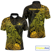 Load image into Gallery viewer, Front and back views of a black and gold mens bowling polo shirt showcasing bowling ball and pin artwork with turtle Polynesian accents.