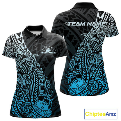 Front and back views of a black and blue womens bowling polo shirt showcasing bowling pins and a ball surrounded by tribal swirl patterns.
