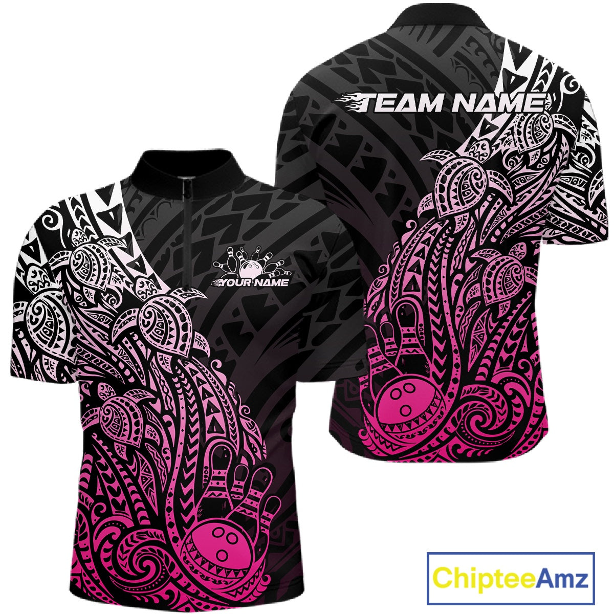 Front and back views of a black and pink mens bowling quarter-zip shirt showcasing bowling ball and pin graphics with tribal swirl accents.