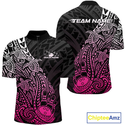 Front and back views of a black and pink mens bowling quarter-zip shirt showcasing bowling ball and pin graphics with tribal swirl accents.