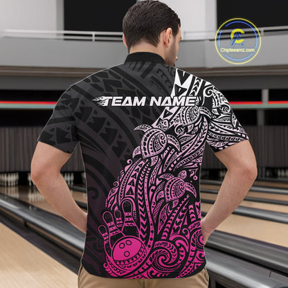 Front view of a male model in a black and pink bowling quarter-zip shirt featuring turtle-themed tribal bowling artwork.