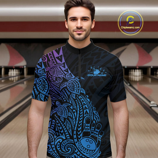 Male model wearing a black, blue, and purple bowling quarter-zip shirt at the lane with tribal-inspired bowling artwork.