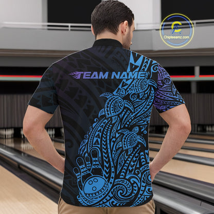 Front view of a male model in a black, blue, and purple bowling quarter-zip shirt featuring Polynesian bowling motifs and swirl accents.