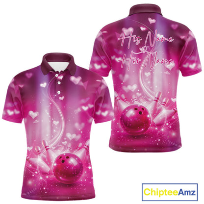 Custom Pink Valentine Bowling Couple Shirts, Pink Heart Theme Bowling Jerseys With His Name And Her Name IPHW10474