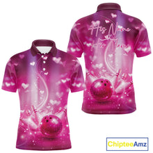 Load image into Gallery viewer, Custom Pink Valentine Bowling Couple Shirts, Pink Heart Theme Bowling Jerseys With His Name And Her Name IPHW10474