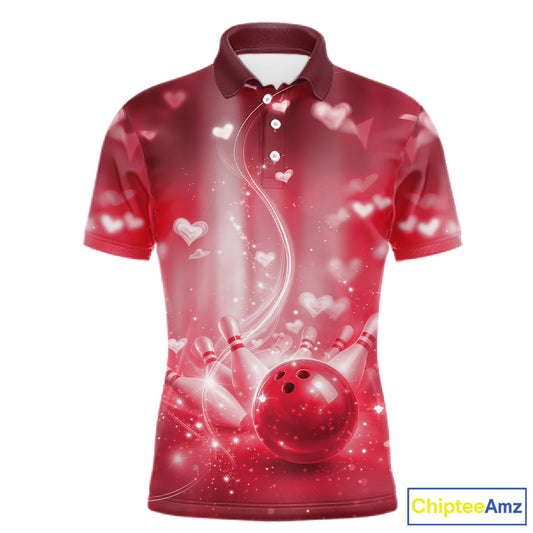 Custom Red Valentine Bowling Couple Shirts, Red Heart Theme Bowling Jerseys With His Name And Her Name IPHW10475