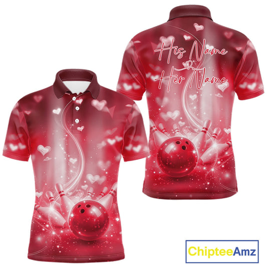 Custom Red Valentine Bowling Couple Shirts, Red Heart Theme Bowling Jerseys With His Name And Her Name IPHW10475
