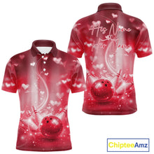 Load image into Gallery viewer, Custom Red Valentine Bowling Couple Shirts, Red Heart Theme Bowling Jerseys With His Name And Her Name IPHW10475
