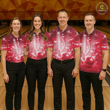 Load image into Gallery viewer, Custom Red Valentine Bowling Couple Shirts, Red Heart Theme Bowling Jerseys With His Name And Her Name IPHW10475