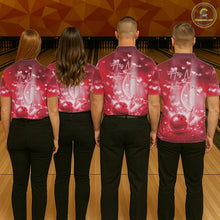 Load image into Gallery viewer, Custom Red Valentine Bowling Couple Shirts, Red Heart Theme Bowling Jerseys With His Name And Her Name IPHW10475