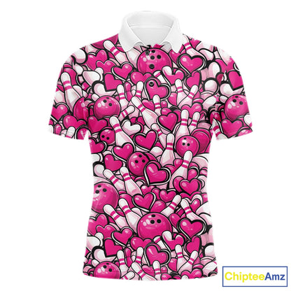 Custom Pink Heart Theme Valentine Bowling Couple Shirt, Love Bowling Jerseys With His Name And Her Name IPHW10476