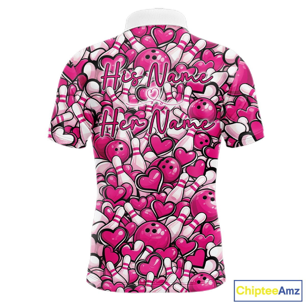 Custom Pink Heart Theme Valentine Bowling Couple Shirt, Love Bowling Jerseys With His Name And Her Name IPHW10476