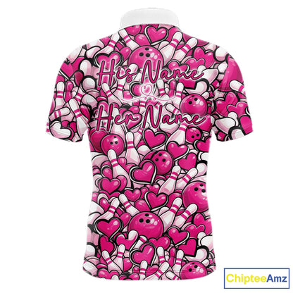 Custom Pink Heart Theme Valentine Bowling Couple Shirt, Love Bowling Jerseys With His Name And Her Name IPHW10476