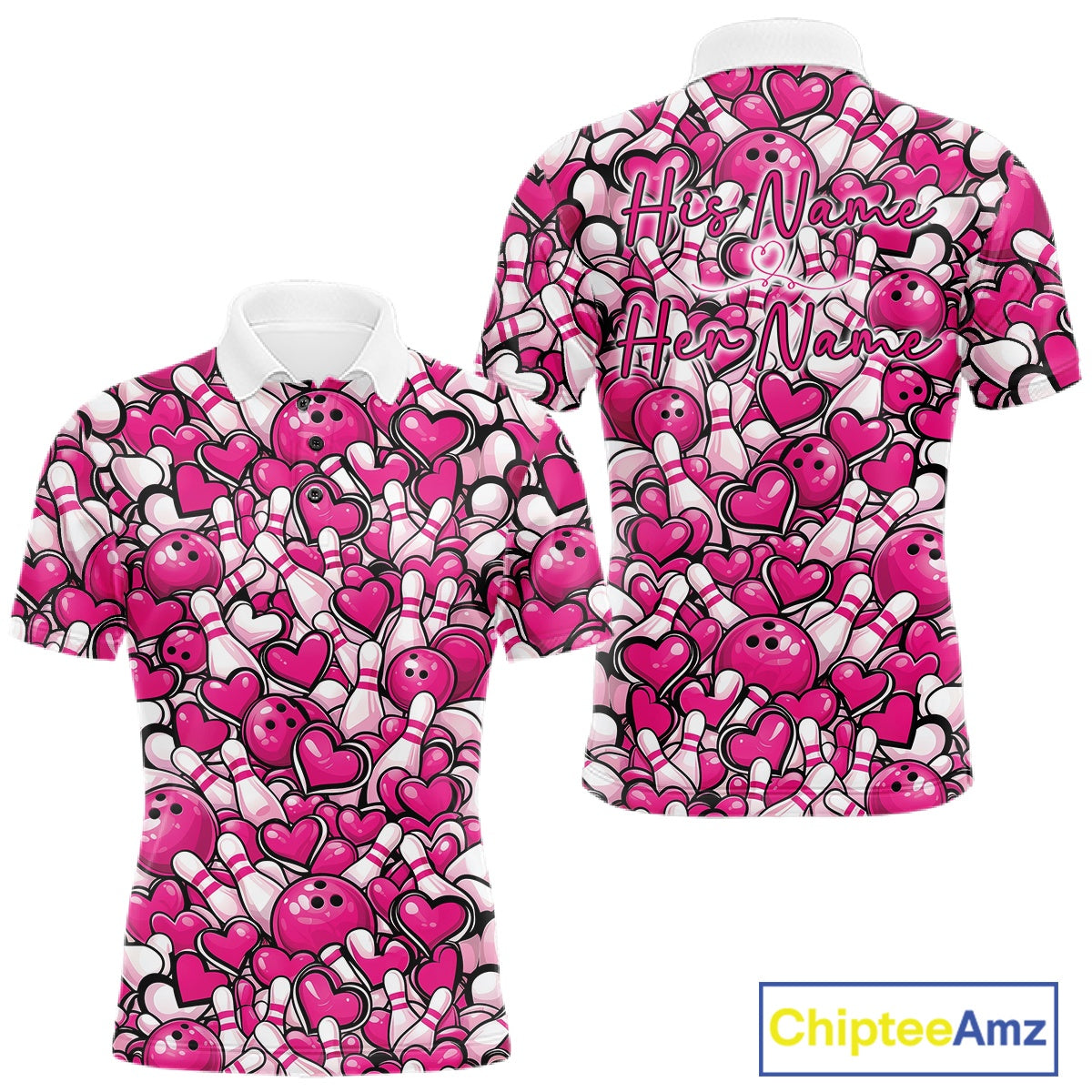 Custom Pink Heart Theme Valentine Bowling Couple Shirt, Love Bowling Jerseys With His Name And Her Name IPHW10476