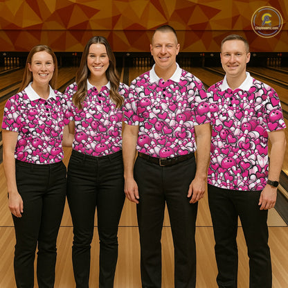 Custom Pink Heart Theme Valentine Bowling Couple Shirt, Love Bowling Jerseys With His Name And Her Name IPHW10476