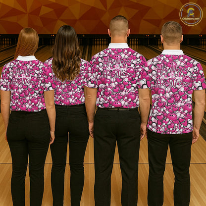 Custom Pink Heart Theme Valentine Bowling Couple Shirt, Love Bowling Jerseys With His Name And Her Name IPHW10476