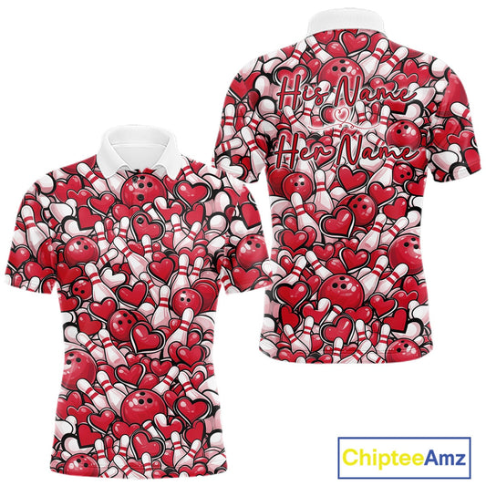 Custom Red Heart Theme Valentine Bowling Couple Shirt, Love Bowling Jerseys With His Name And Her Name IPHW10477