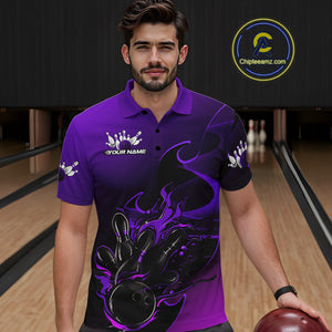 Custom Black And Purple Flame Bowling Team Men Polo Shirt, Bowling Tournament Shirt IPHW9869