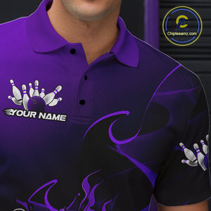Custom Black And Purple Flame Bowling Team Men Polo Shirt, Bowling Tournament Shirt IPHW9869