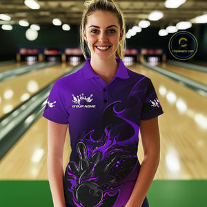 Custom Black And Purple Flame Bowling Team Women Polo Shirt, Bowling Tournament Shirt IPHW9869