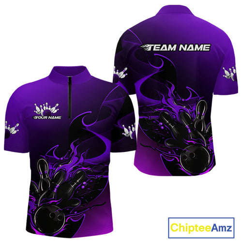 Custom Black And Purple Flame Bowling Team Men Quarter-Zip Shirt, Bowling Tournament Shirt IPHW9869