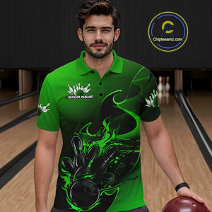 Custom Black And Green Flame Bowling Team Men Polo Shirt, Bowling Tournament Shirt IPHW9870