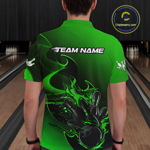 Custom Black And Green Flame Bowling Team Men Polo Shirt, Bowling Tournament Shirt IPHW9870