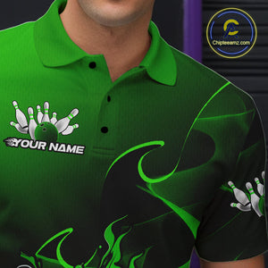 Custom Black And Green Flame Bowling Team Men Polo Shirt, Bowling Tournament Shirt IPHW9870