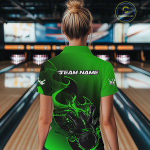 Custom Black And Green Flame Bowling Team Women Polo Shirt, Bowling Tournament Shirt IPHW9870