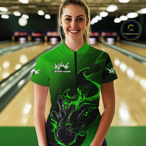 Custom Black And Green Flame Bowling Women Quarter-Zip Shirt, Bowling Tournament Shirt IPHW9870