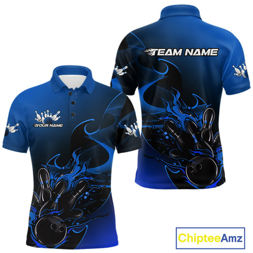 Custom Black And Blue Flame Bowling Team Men Polo Shirt, Bowling Tournament Shirt IPHW9871