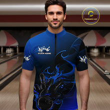 Load image into Gallery viewer, Custom Black And Blue Flame Bowling Team Men Quarter-Zip Shirt, Bowling Tournament Shirt IPHW9871
