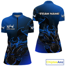 Load image into Gallery viewer, Custom Black And Blue Flame Bowling Women Quarter-Zip Shirt, Bowling Tournament Shirt IPHW9871