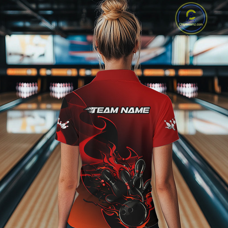 Custom Black And Red Flame Bowling Team Women Polo Shirt, Bowling Tournament Shirt IPHW9868