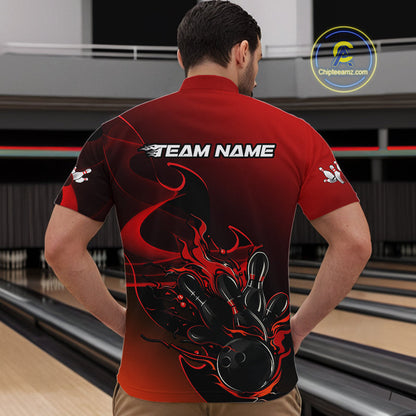 Custom Black And Red Flame Bowling Team Men Quarter-Zip Shirt, Bowling Tournament Shirt IPHW9868