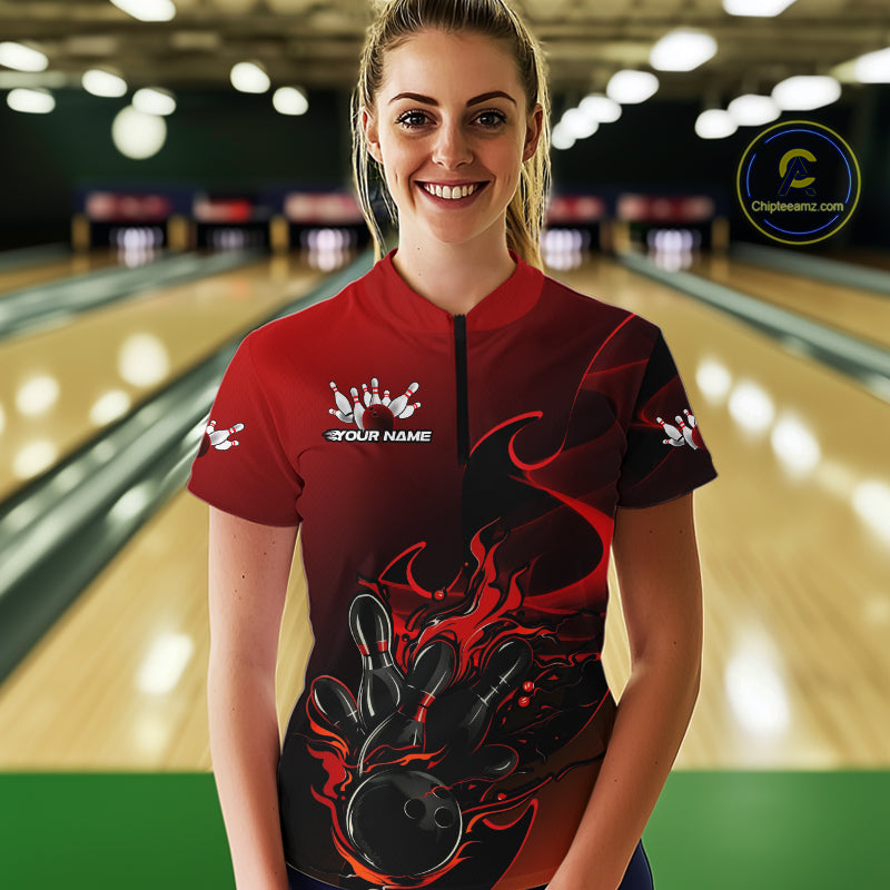 Custom Black And Red Flame Bowling Team Women Quarter-Zip Shirt, Bowling Tournament Shirt IPHW9868