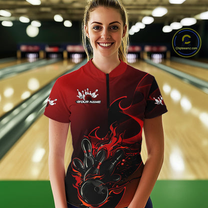 Custom Black And Red Flame Bowling Team Women Quarter-Zip Shirt, Bowling Tournament Shirt IPHW9868